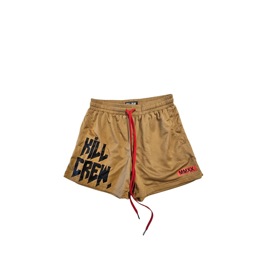 Kill Crew Mens MMXX Mesh Athletic Gym Shorts Tan Gold Red Drawstring Size L